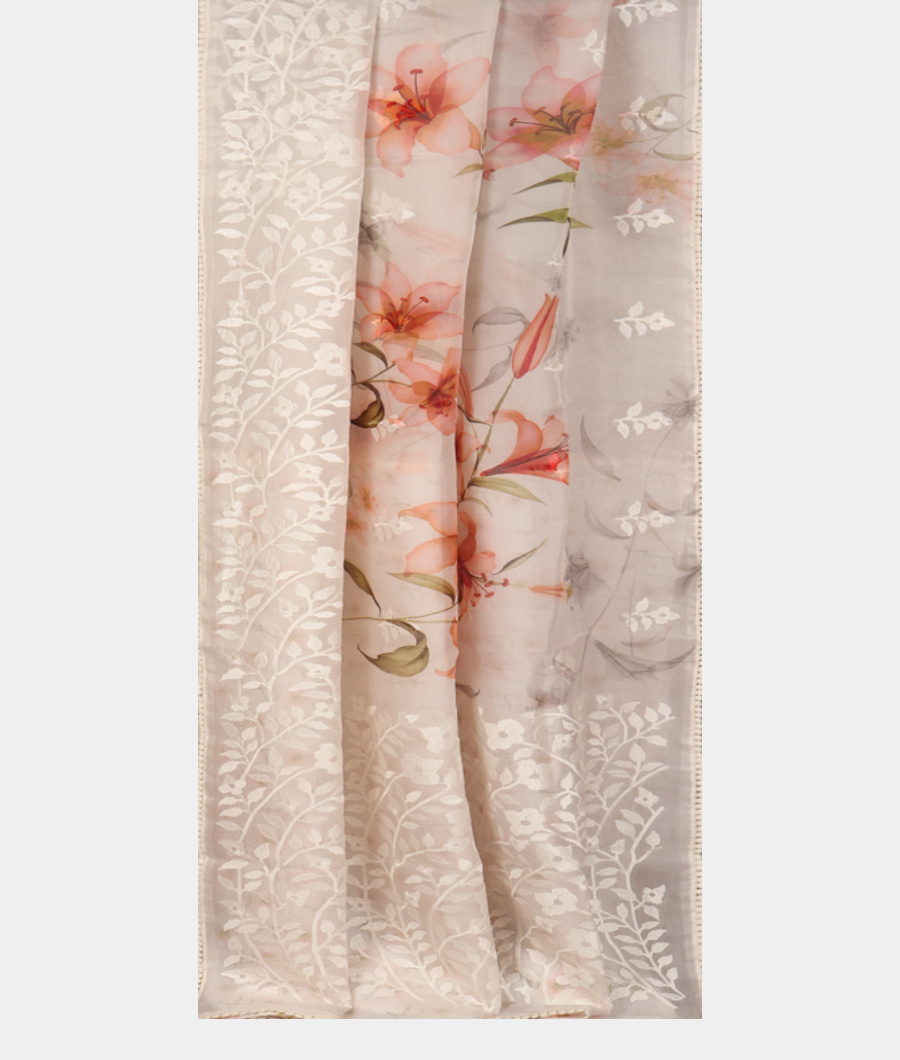 White Kora Organza Embroidery Saree T3494452