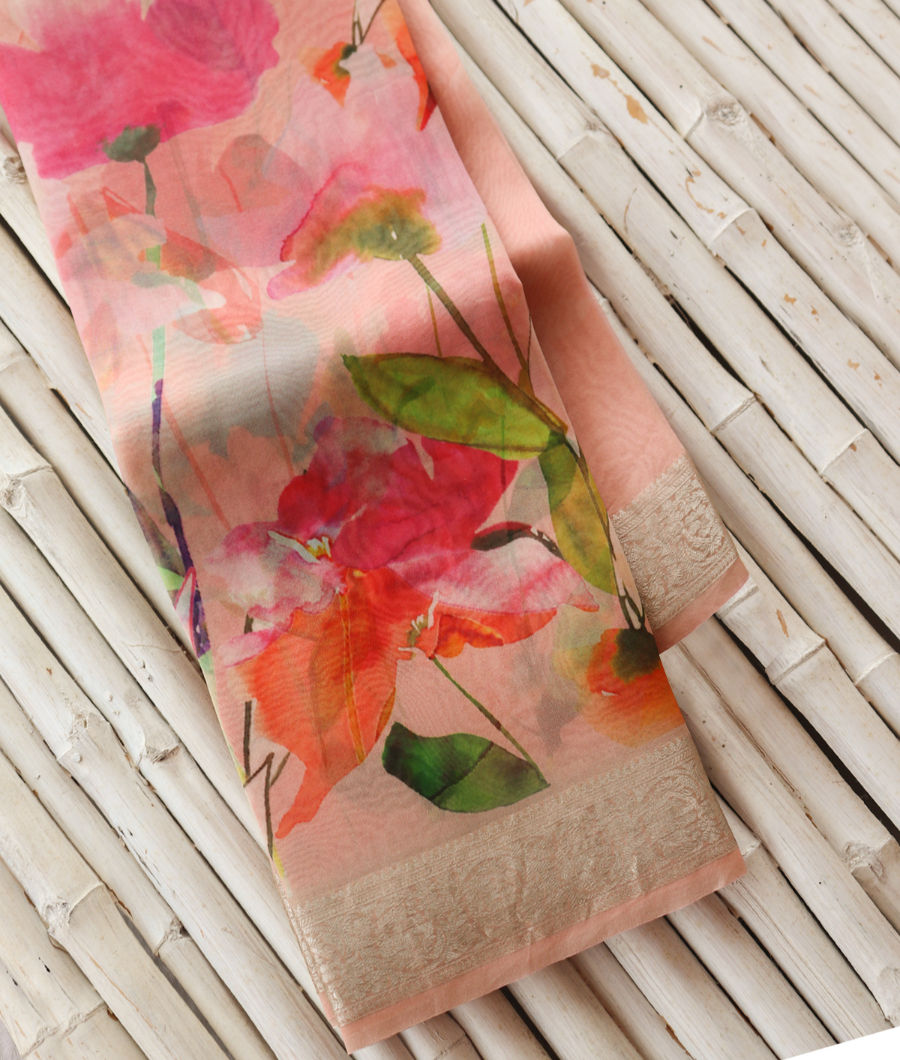 Peach Kora Organza Printed Saree T349321-image