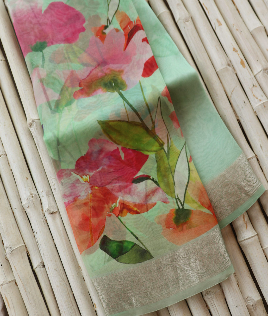 Green Kora Organza Printed Saree T349313-image