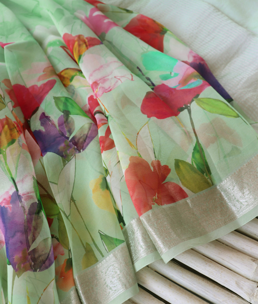 Green Kora Organza Printed Saree T3493132