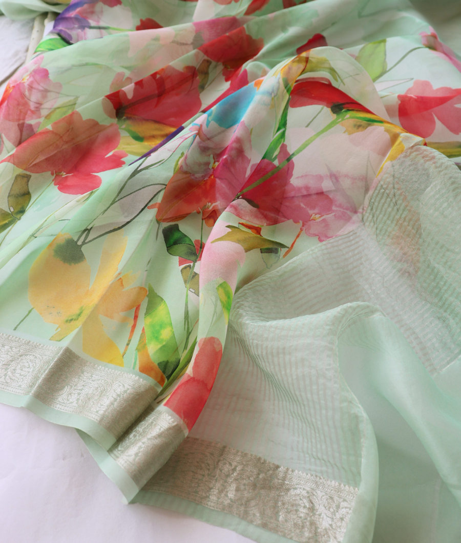 Green Kora Organza Printed Saree T3493134