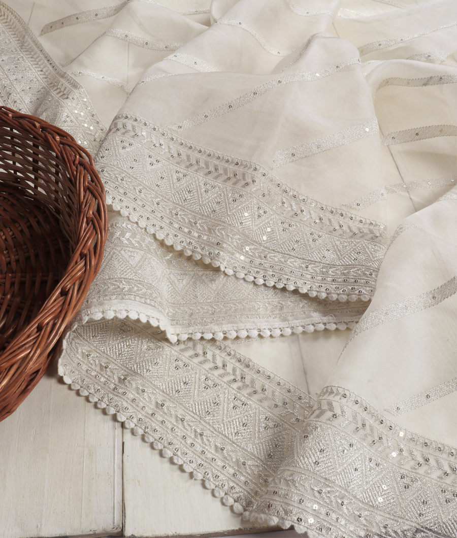 White Kora Organza Embroidery Saree T3506742