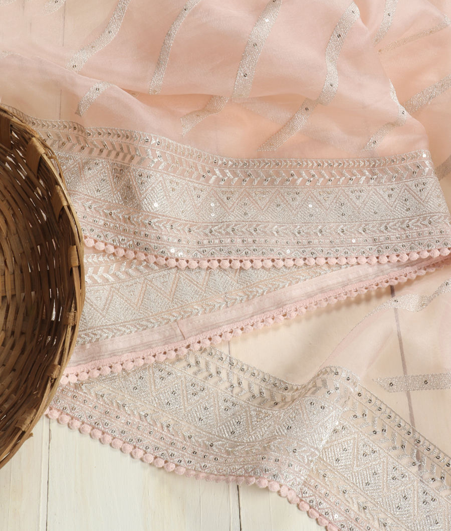 Light Peach Kora Organza Embroidery Saree T3506702