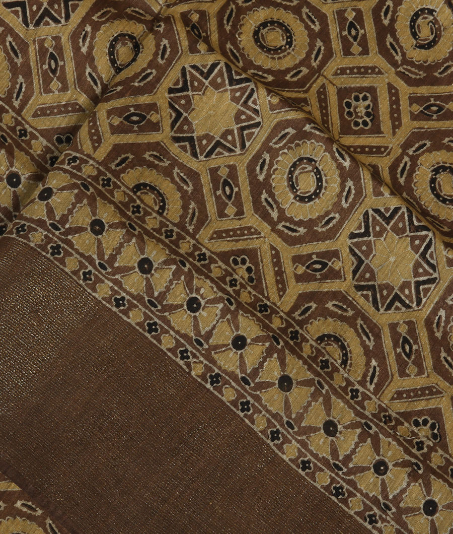 Brown Ajrakh Linen Printed Saree T347873-image
