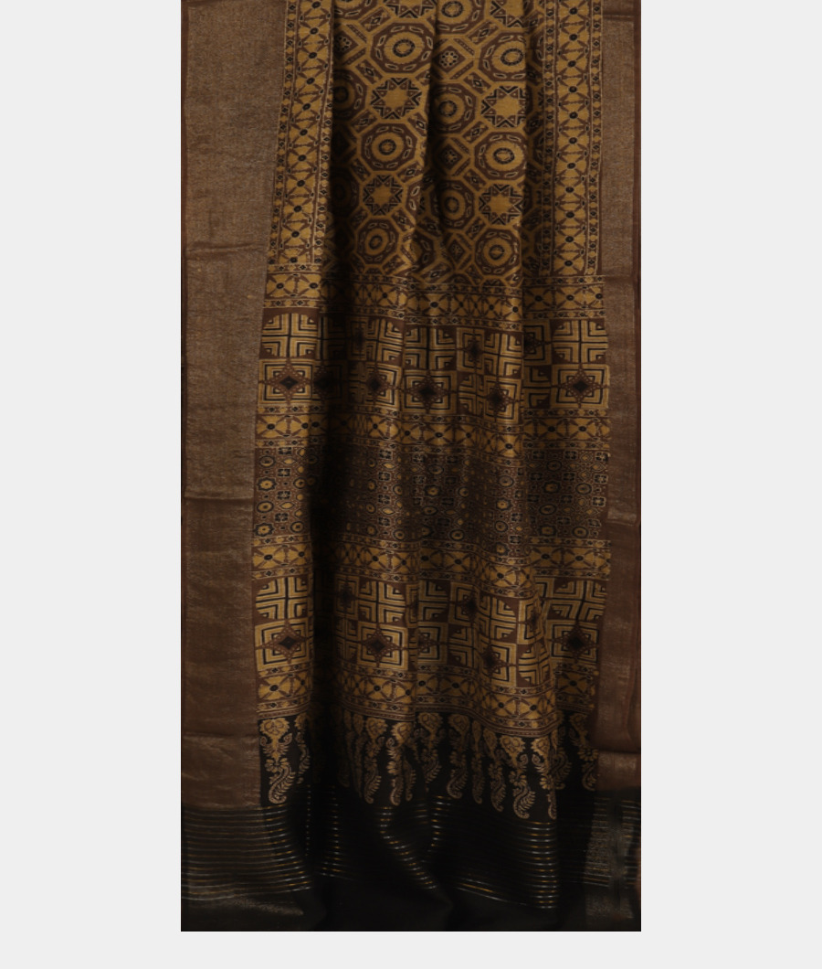 Brown Ajrakh Linen Printed Saree T3478732