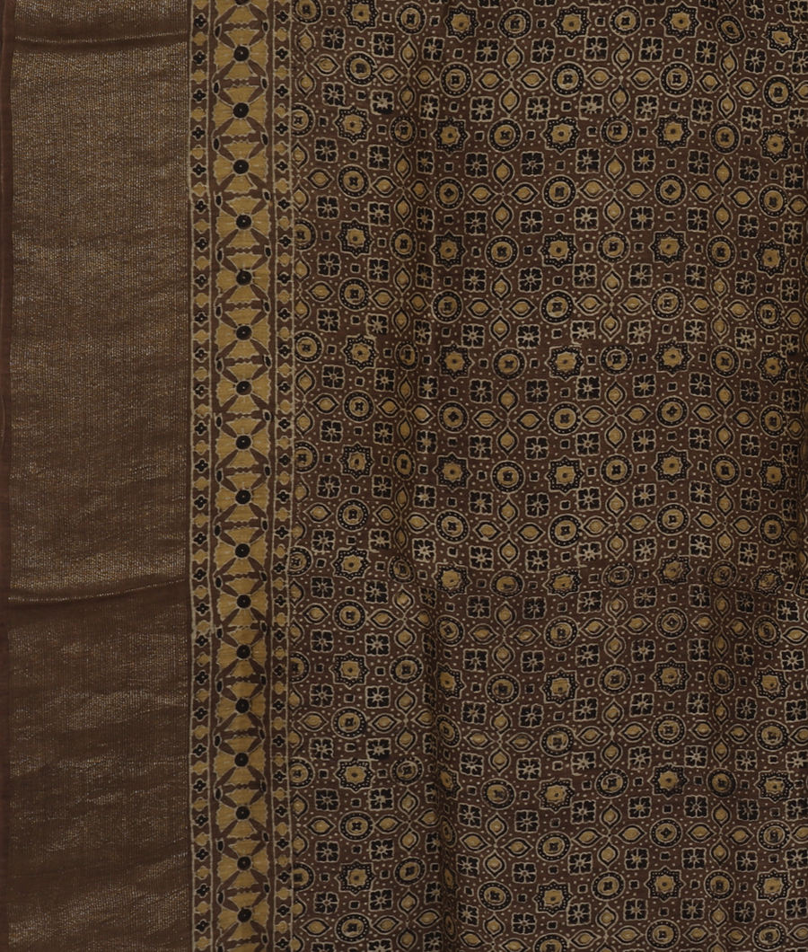 Brown Ajrakh Linen Printed Saree T3478733