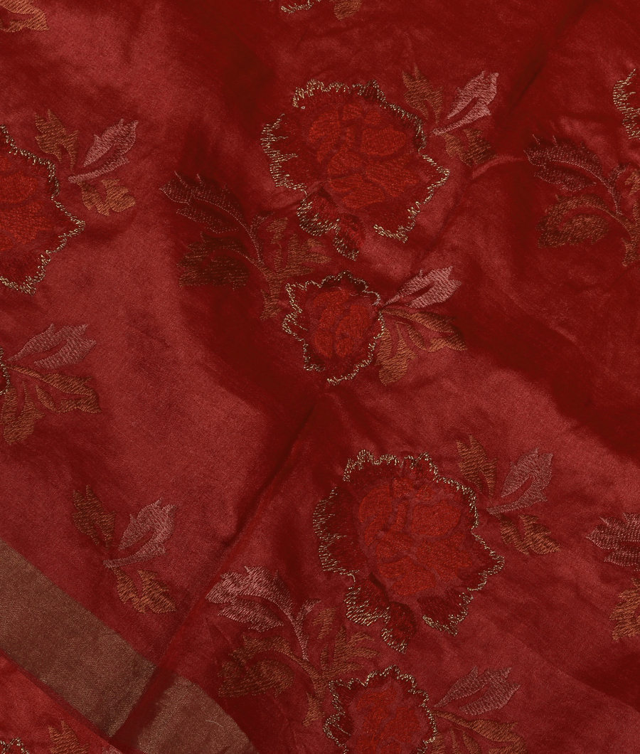 Red Tussar Embroidery Saree T350322-image