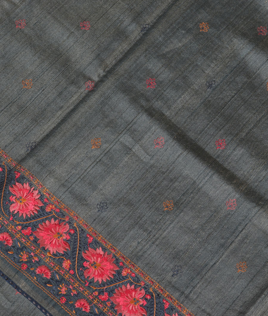 Grey Tussar Embroidery Saree T190061-image