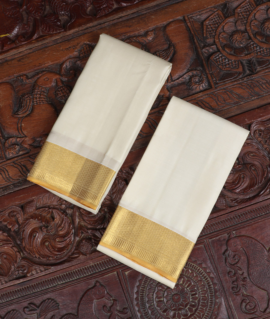 Off-White Handwoven Kanjivaram Silk Dhoti and Vastharam T350563-image