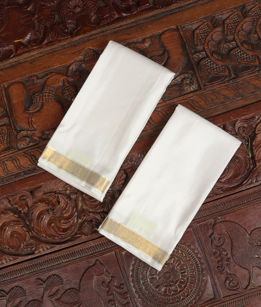 White Handwoven Kanjivaram Silk Dhoti and Vastharam T350543-image