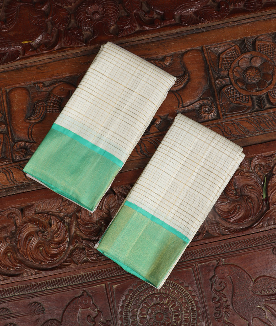White Handwoven Kanjivaram Silk Dhoti and Vastharam T350559-image