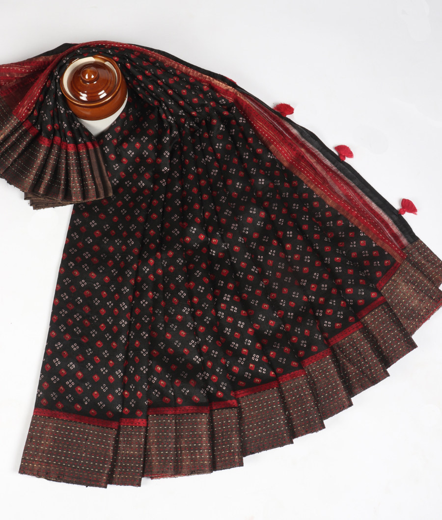 Black Printed Raw Silk Saree T3526305