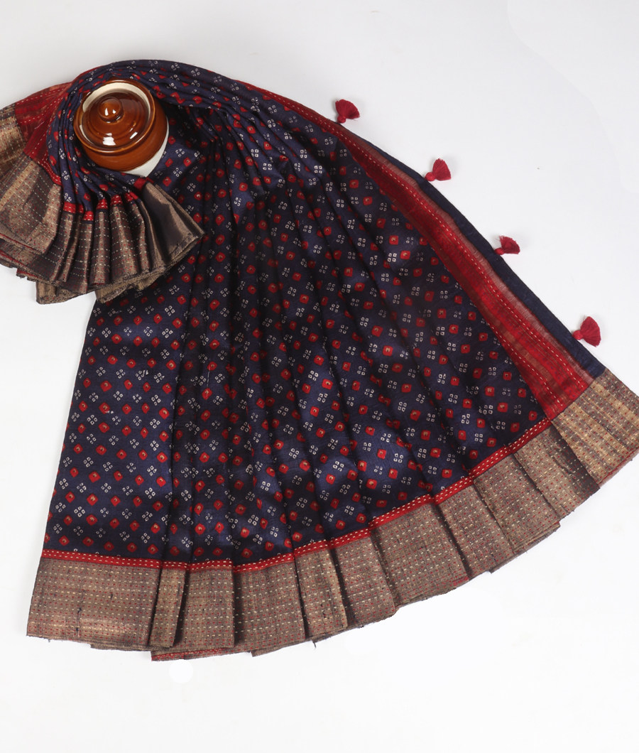 Blue Printed Raw Silk Saree T3526285