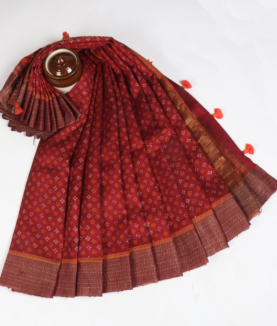 Red Printed Raw Silk Saree T3526245