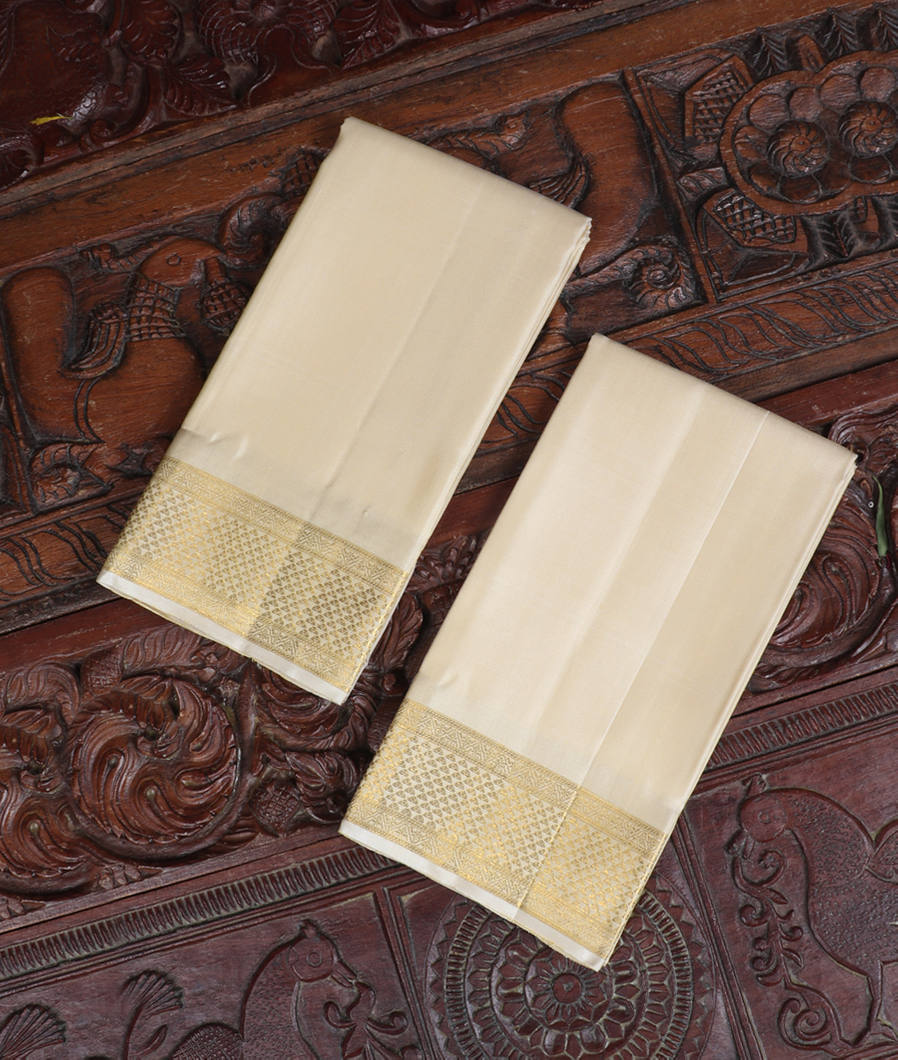 Cream Handwoven Kanjivaram Silk Dhoti and Vastharam T344559-image