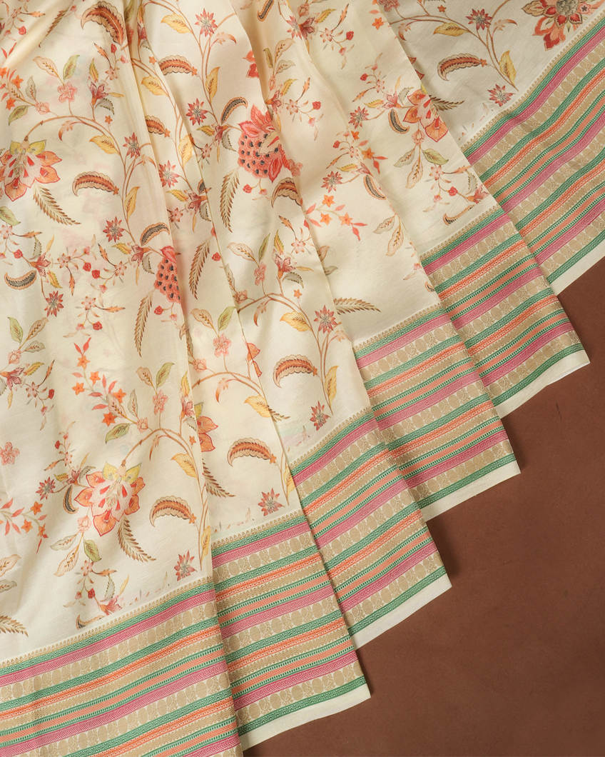 Cream Printed Soft Silk Saree T352327-image