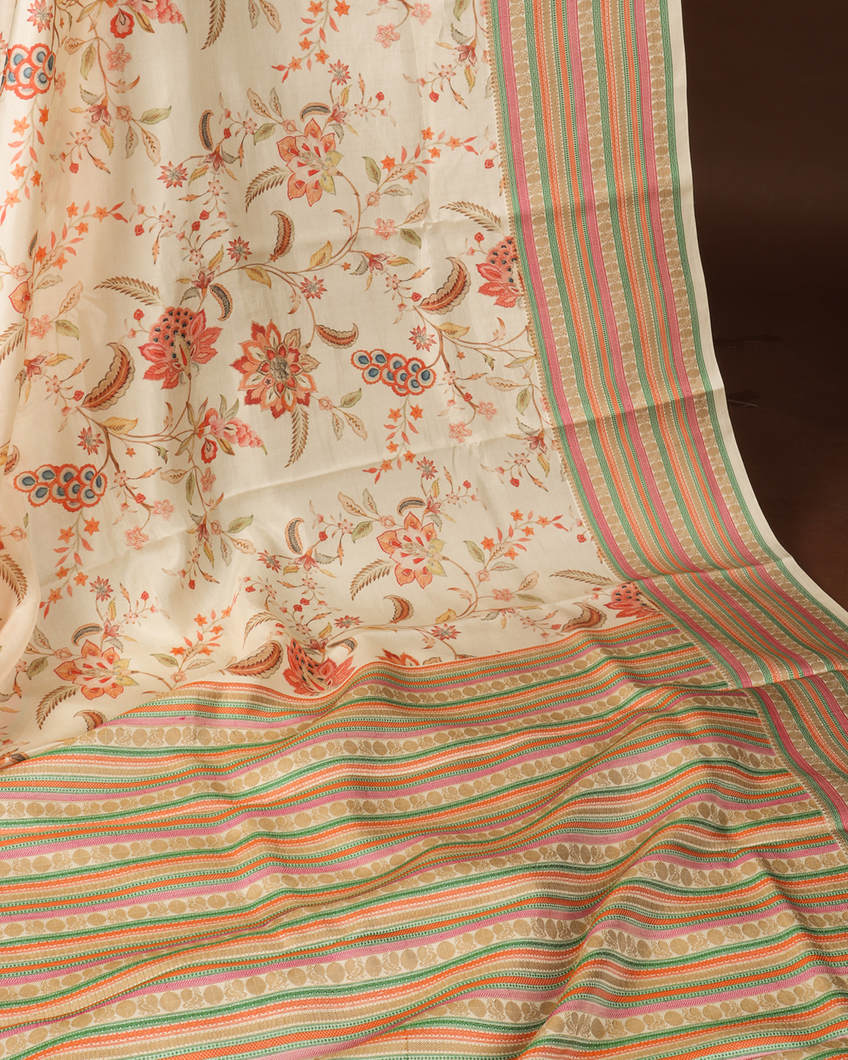 Cream Printed Soft Silk Saree T3523272