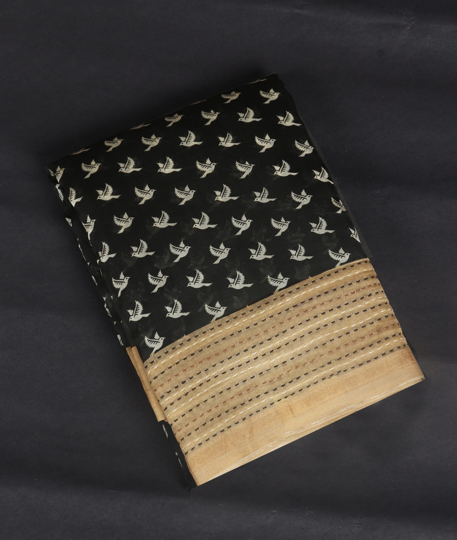 Black Soft Printed Cotton Saree T335176-image