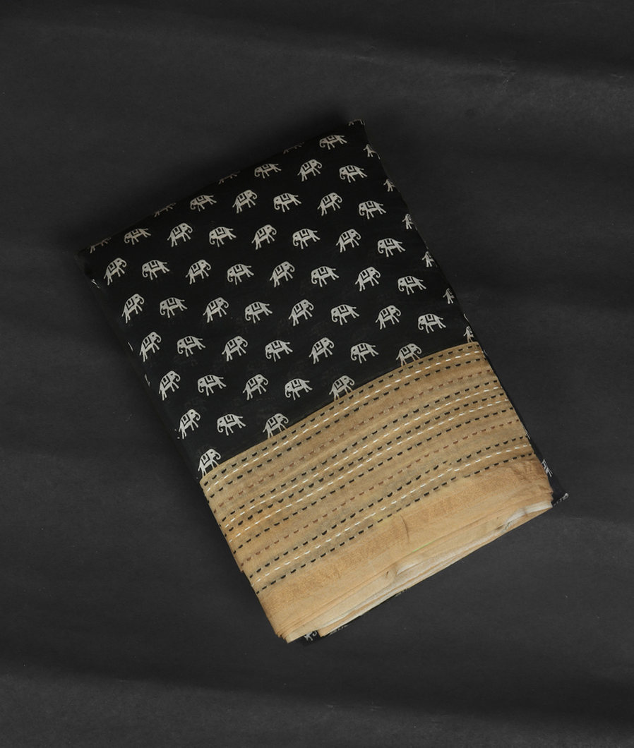 Black Soft Printed Cotton Saree T335174-image