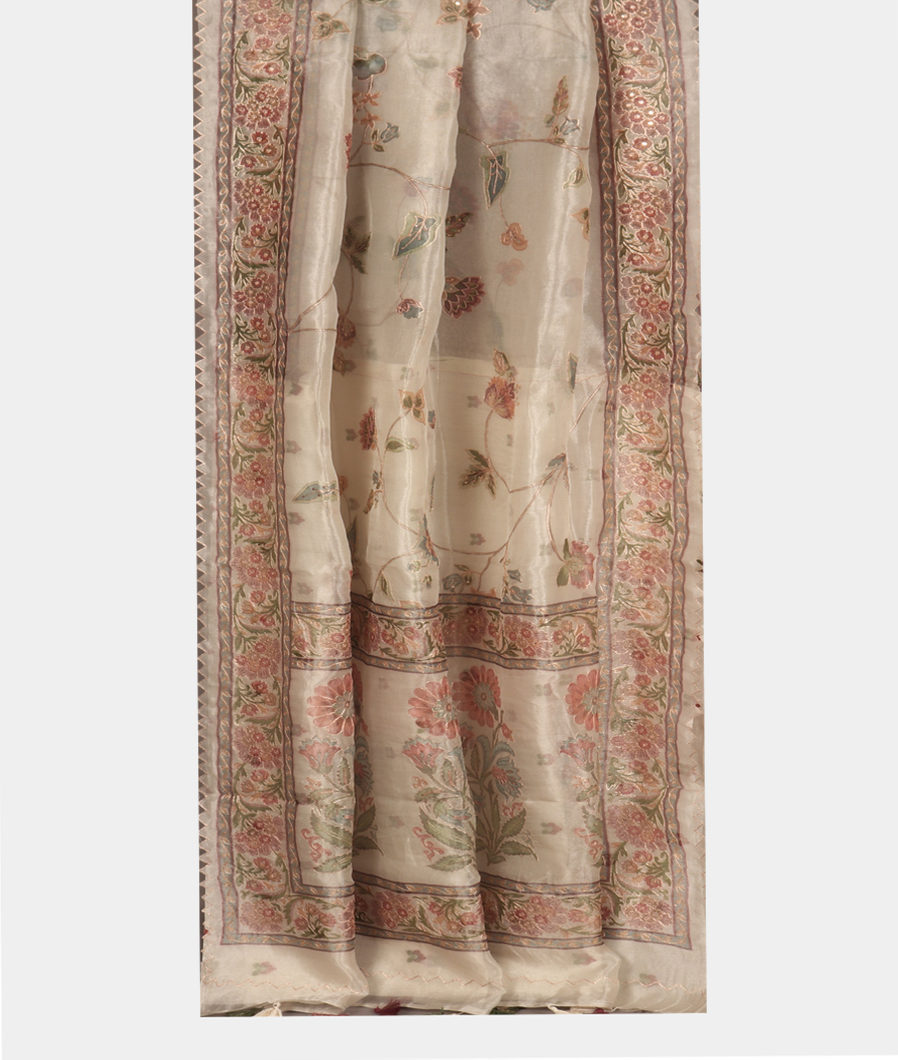 Silver And Grey Kora Organza Embroidery Saree T3539522