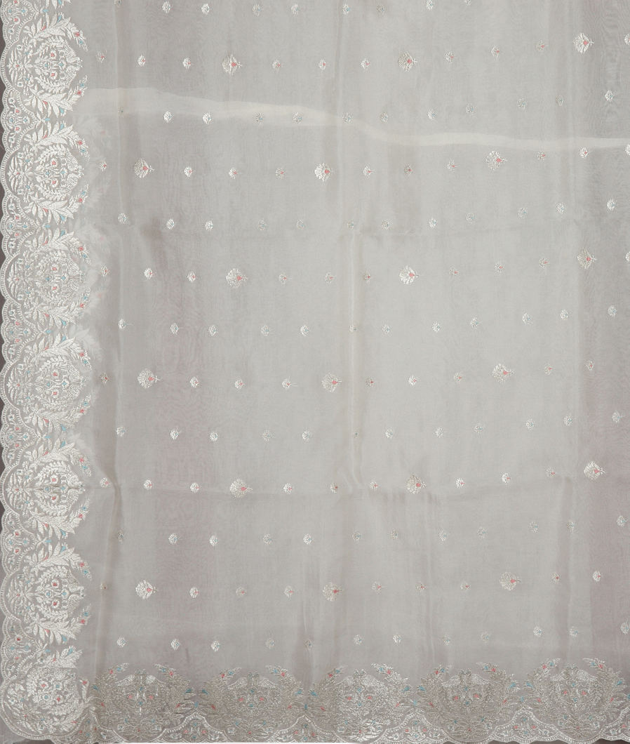 White Kora Organza Embroidery Saree T3564524