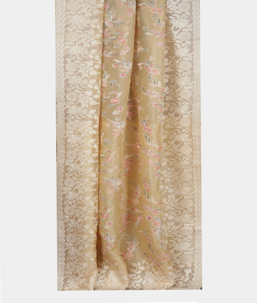 Cream Kora Organza Embroidery Saree T3441122
