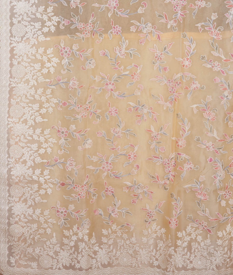Cream Kora Organza Embroidery Saree T3441124
