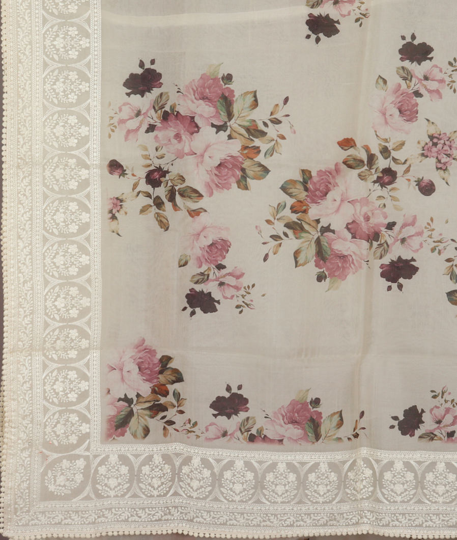 White Kora Organza Embroidery Saree T3564284