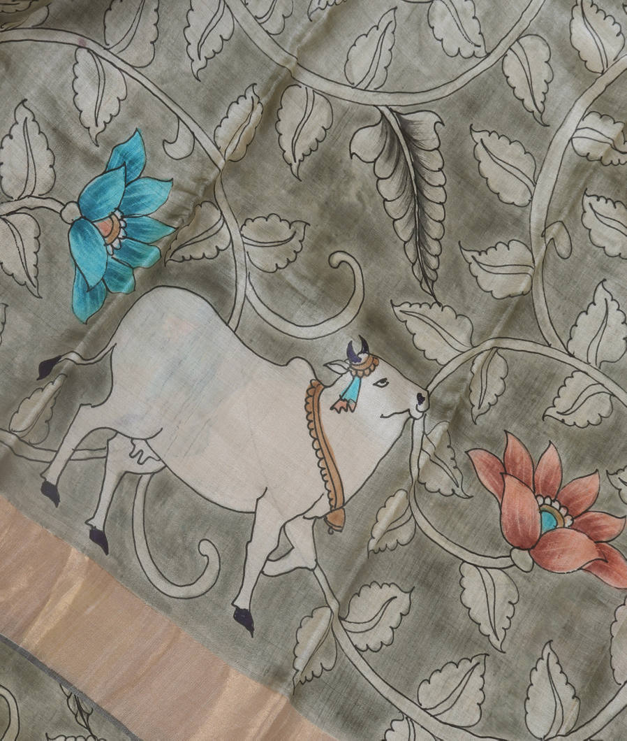 Greenish Grey Tussar Printed Saree T356581-image