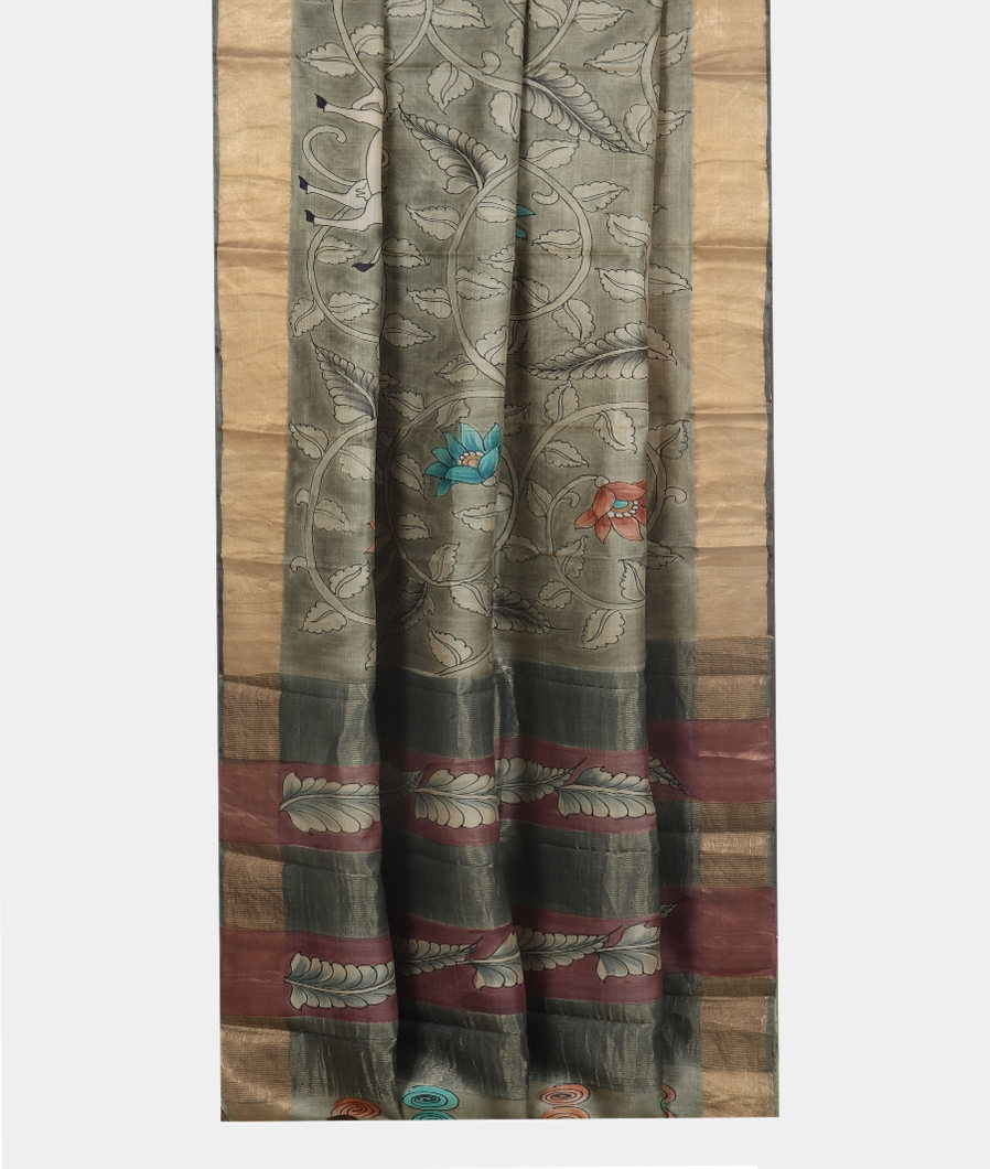 Greenish Grey Tussar Printed Saree T3565812