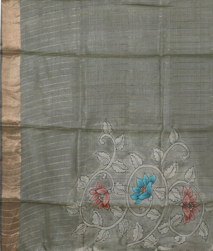 Greenish Grey Tussar Printed Saree T3565813