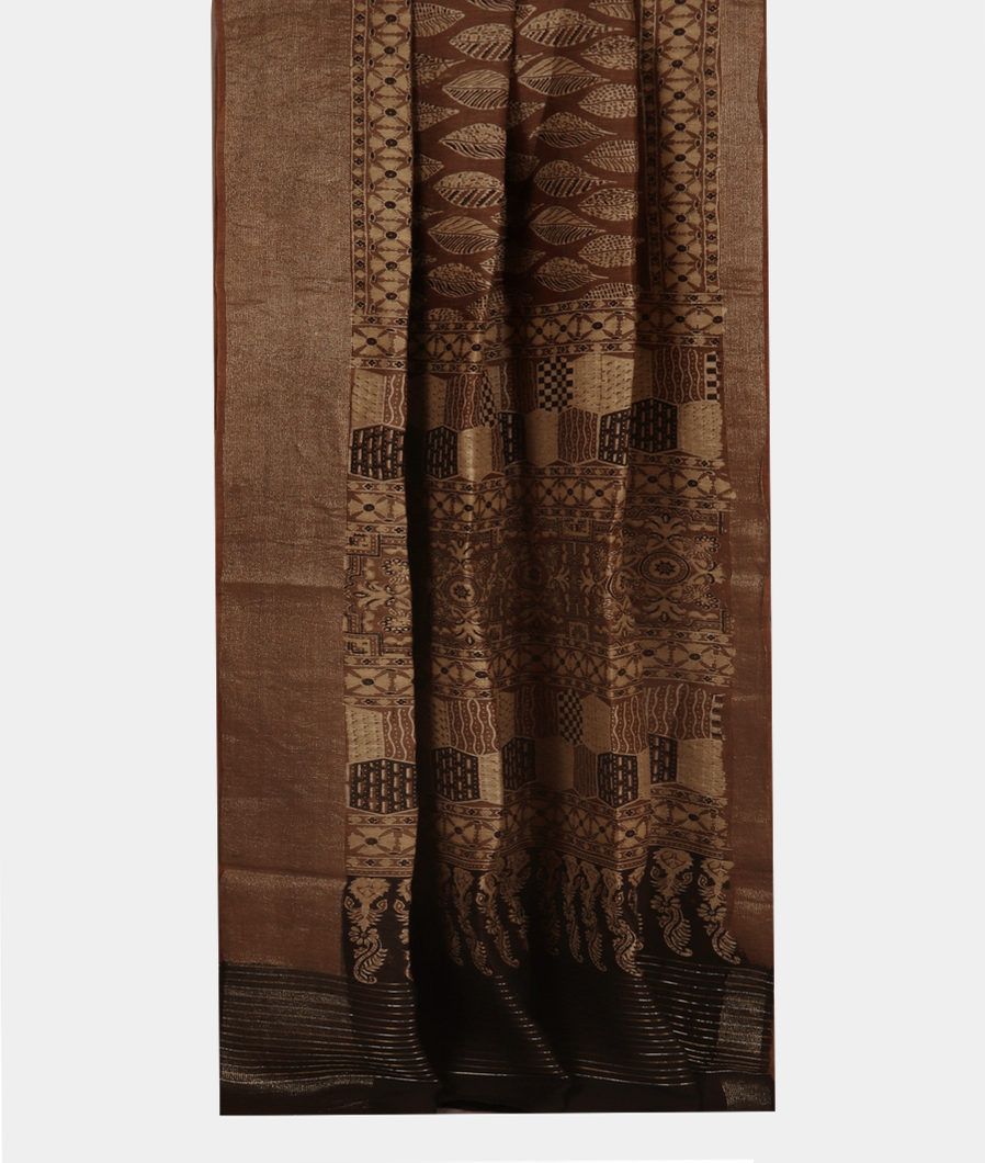 Brown Ajrakh Linen Printed Saree T3478792