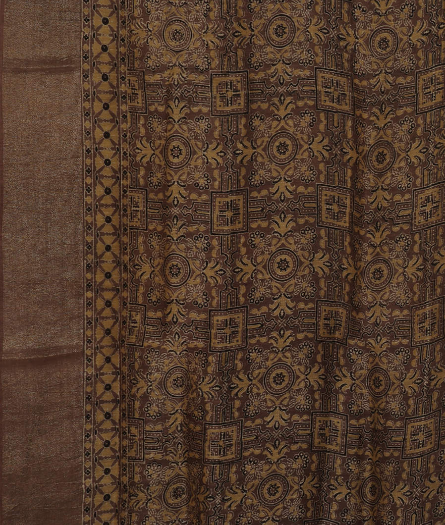 Brown Ajrakh Linen Printed Saree T3478793
