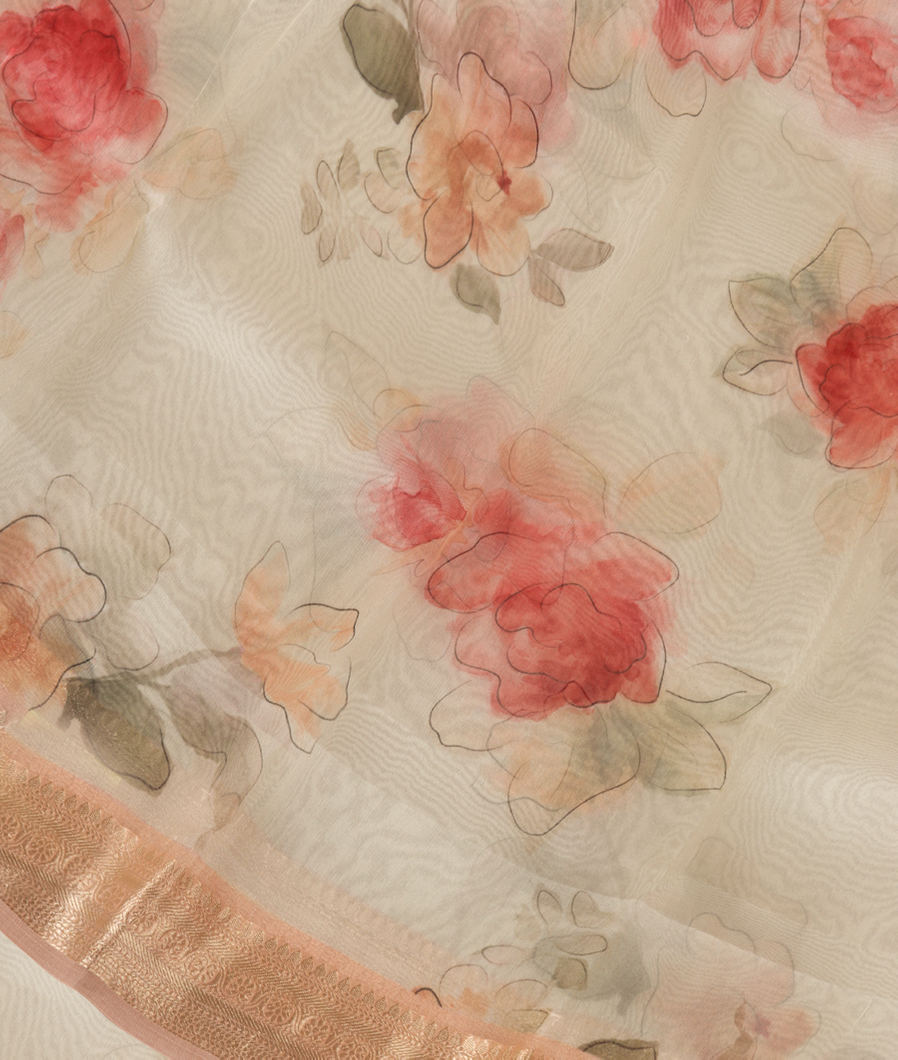 Off-White Kora Organza Printed Saree T354547-image