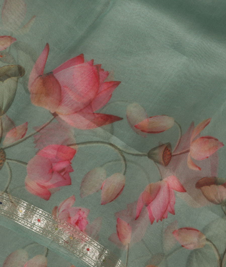 Greenish Blue Kora Organza Printed Saree T354549-image