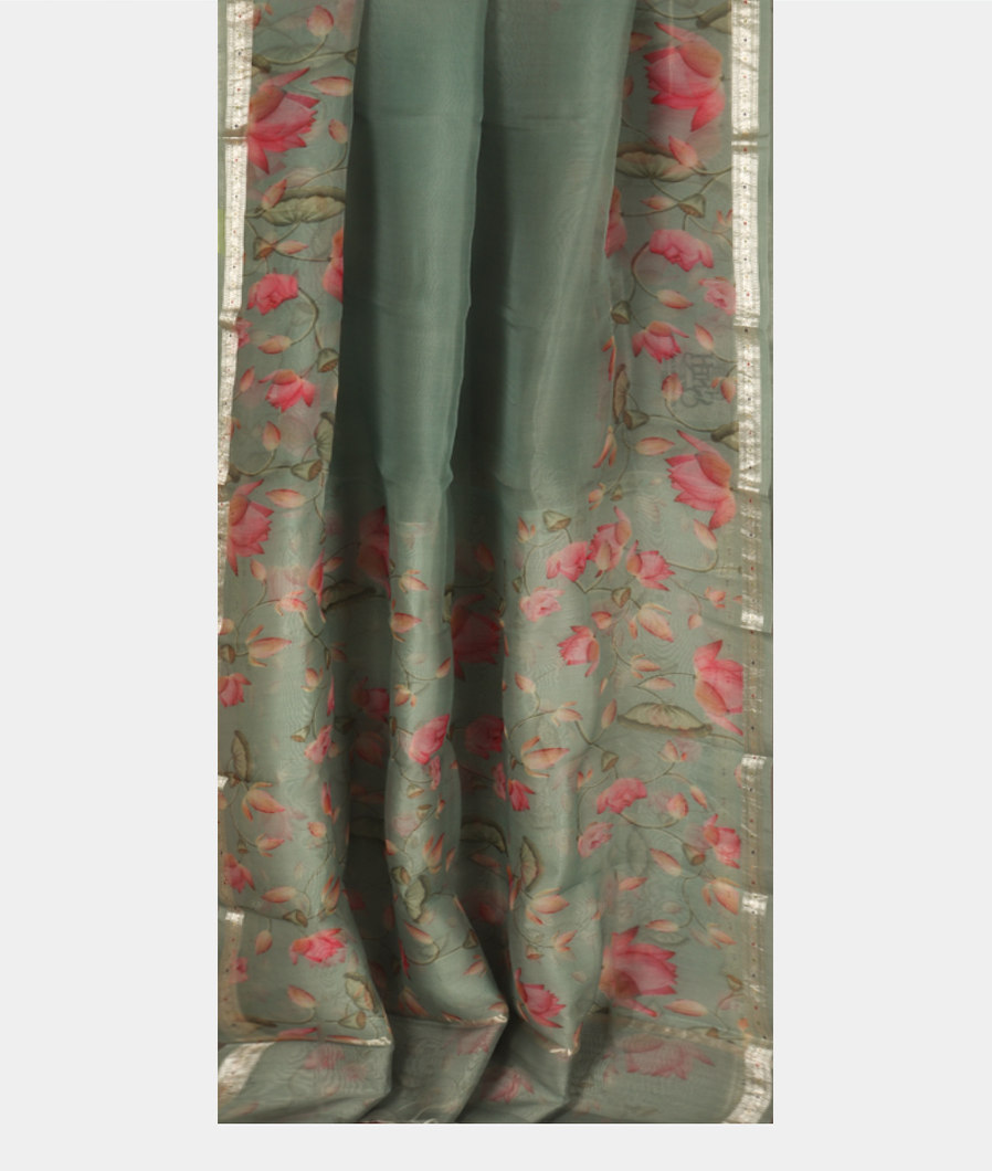 Greenish Blue Kora Organza Printed Saree T3545492