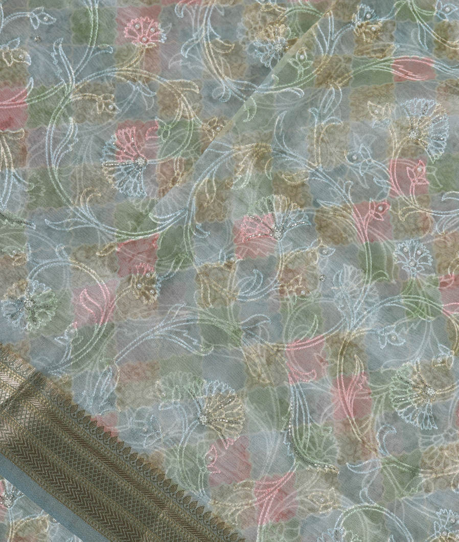 Blue Kora Organza Embroidery Saree T354185-image