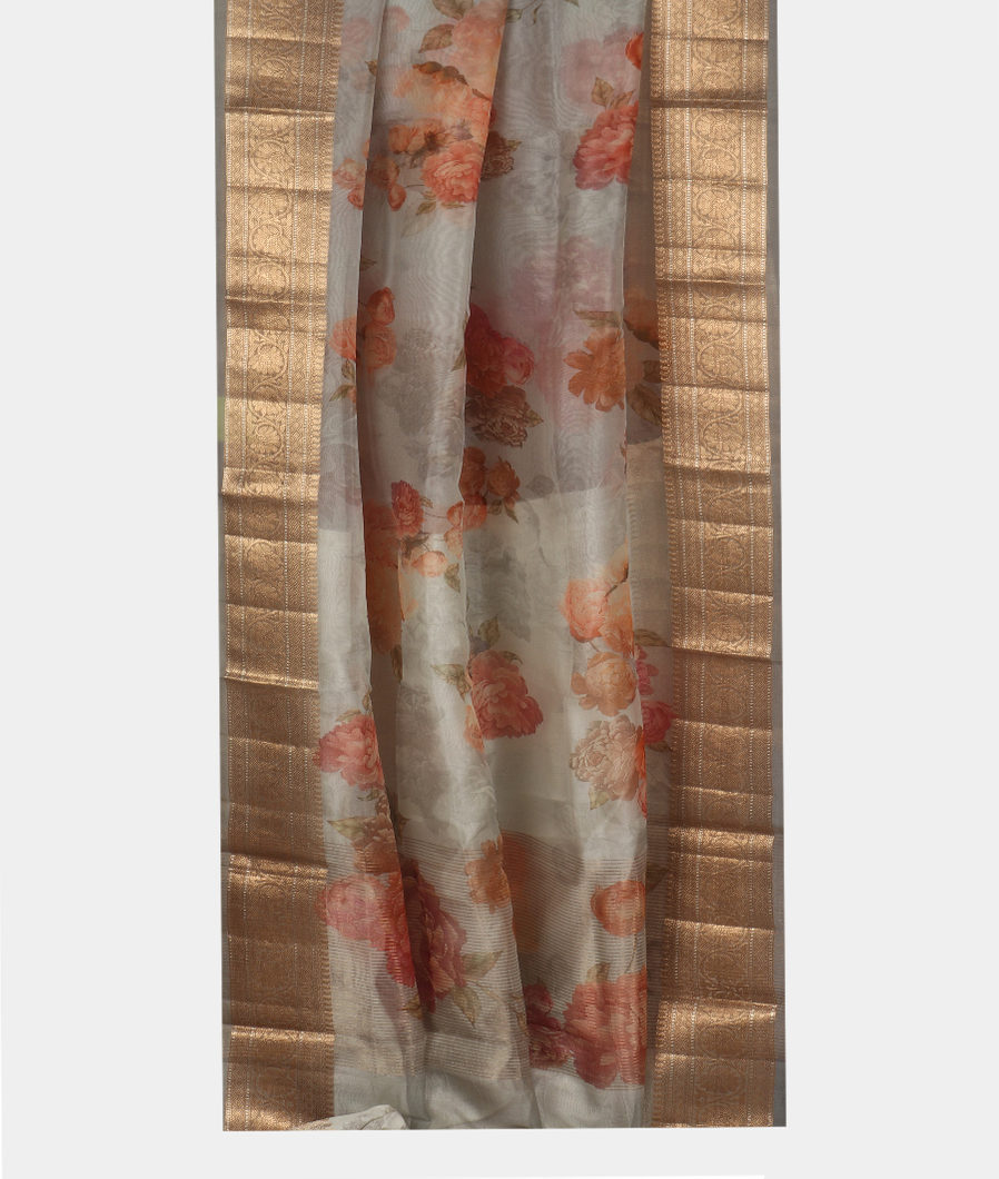 Grey Kora Organza Printed Saree T3553812