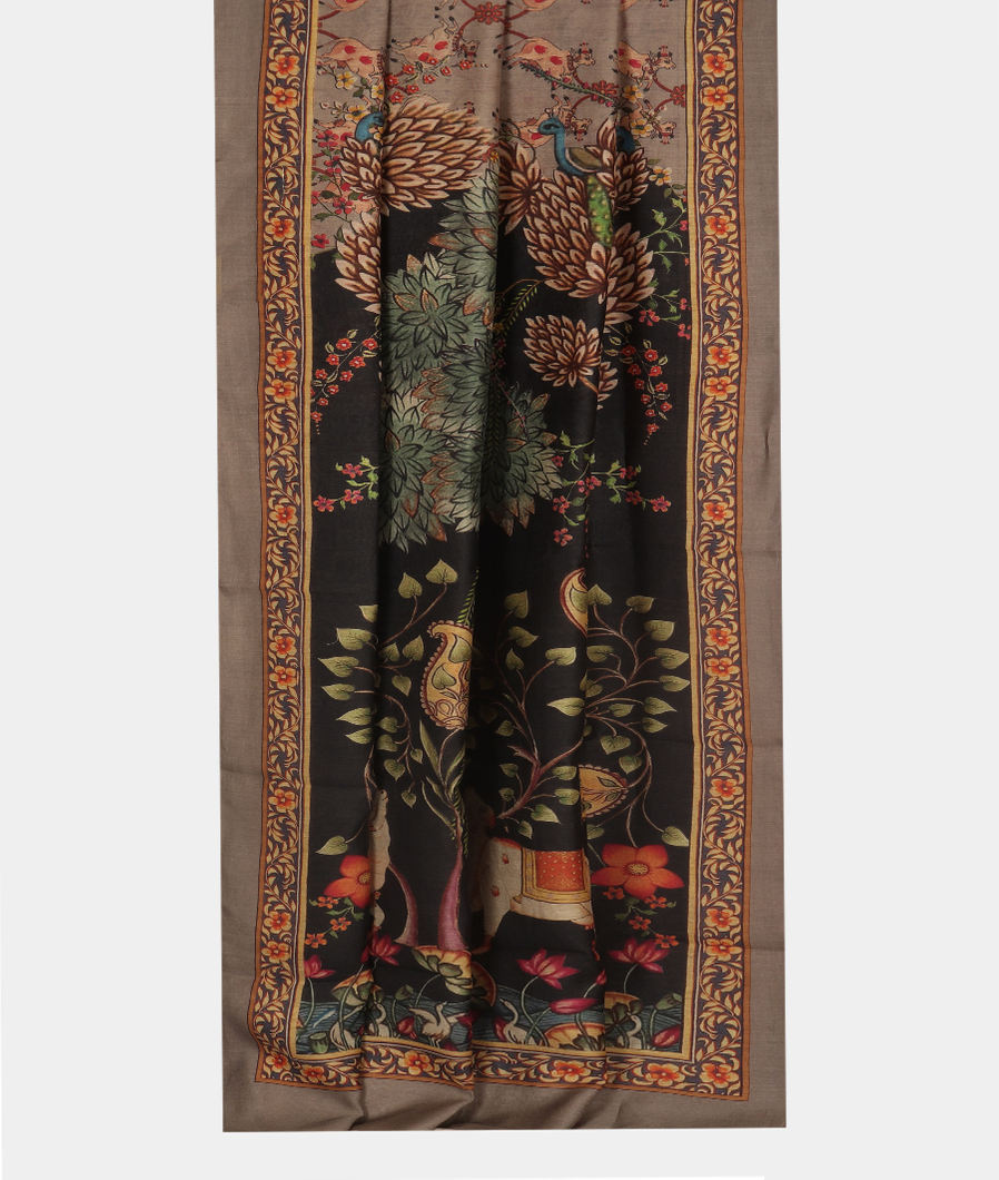 Grey And Black Tussar Printed Saree T3541202