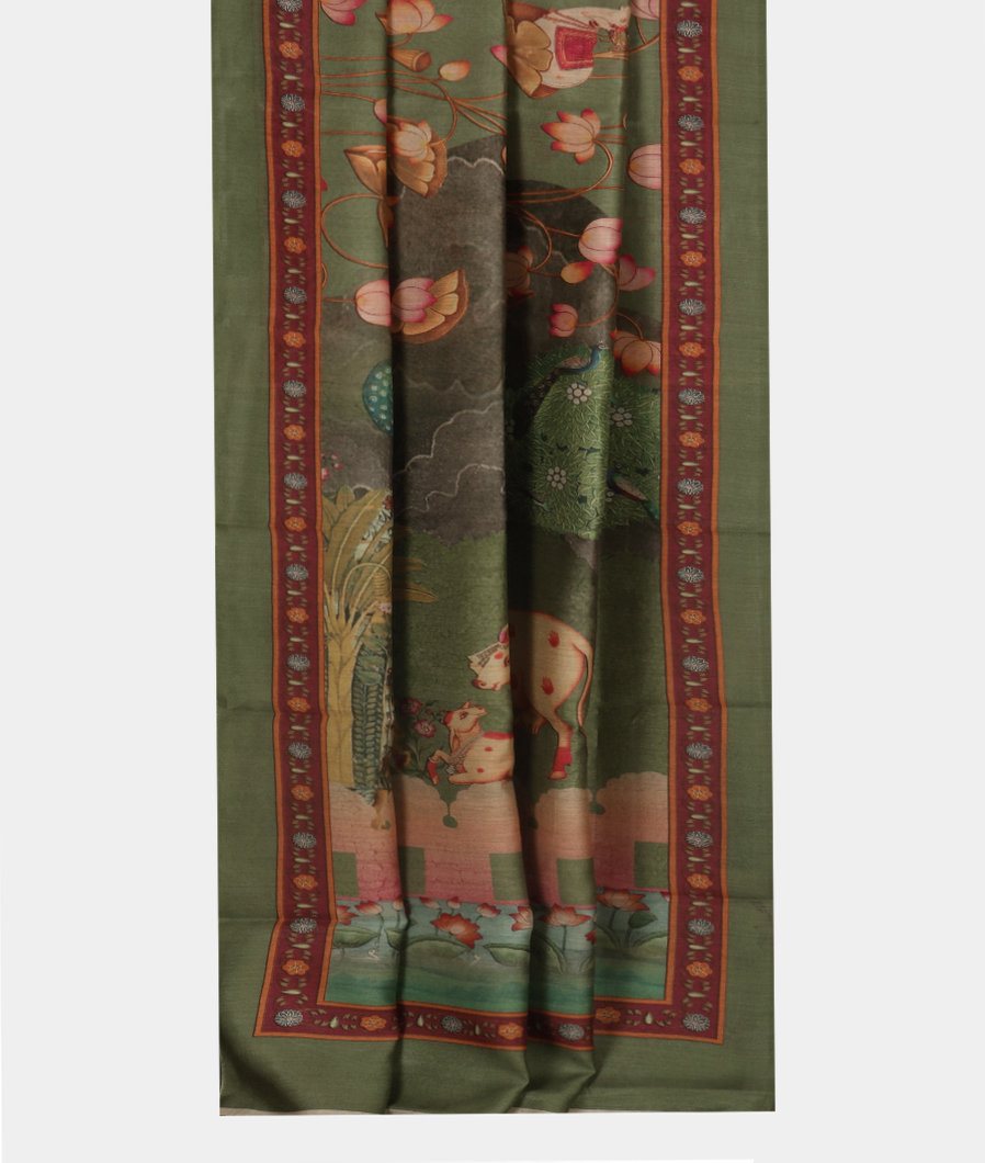 Green Tussar Printed Saree T3541312