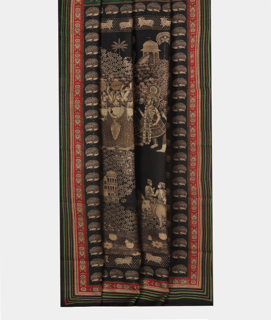 Green And Black Tussar Printed Saree T3541272