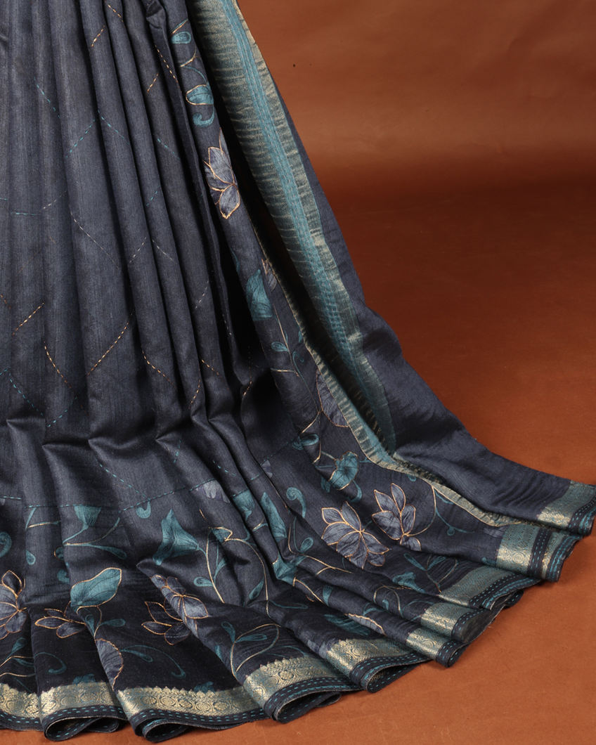 Blue Tussar Printed Saree T3525122