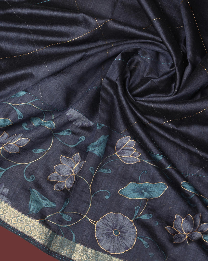 Blue Tussar Printed Saree T3525124