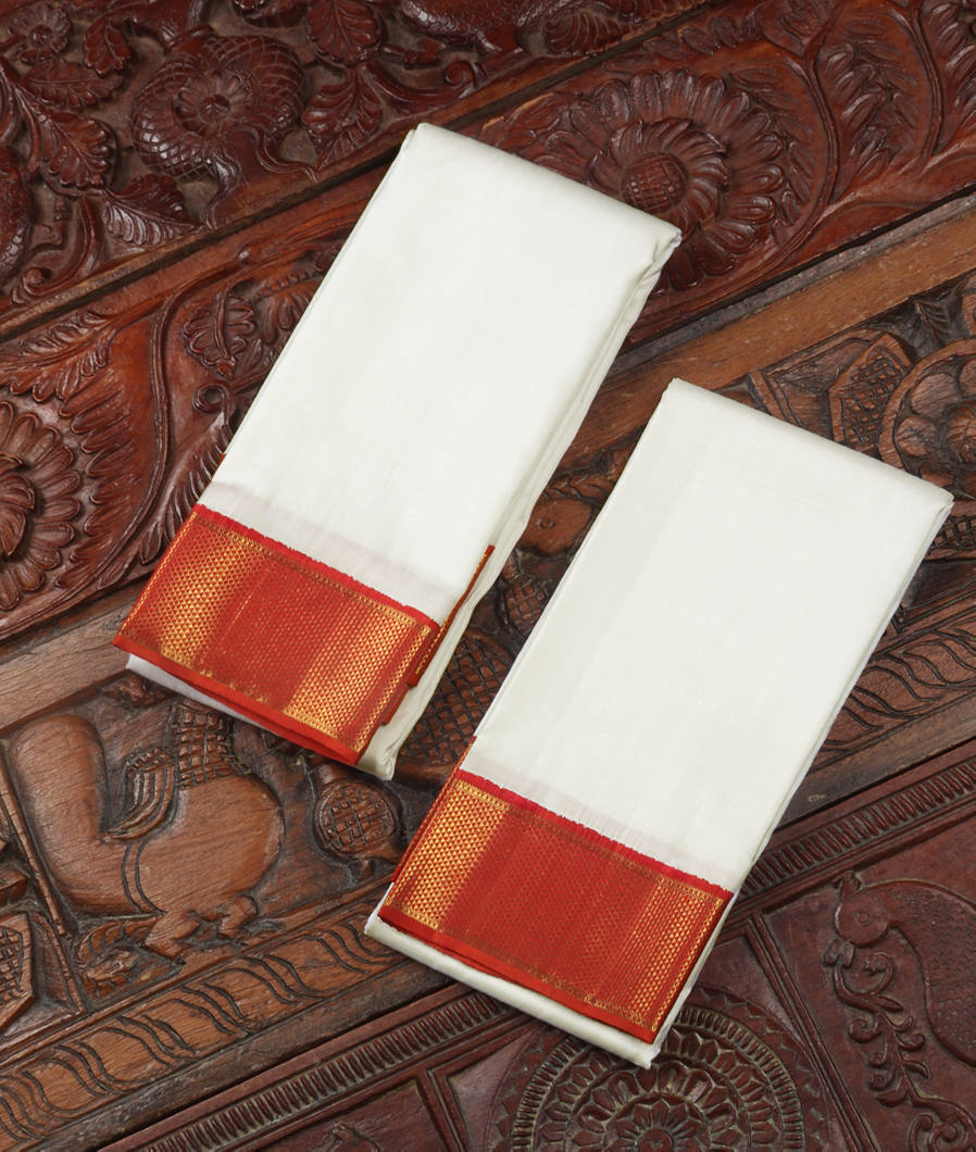 White Handwoven Kanjivaram Silk Dhoti and Vastharam T357306-image