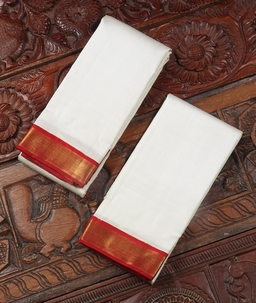 White Handwoven Kanjivaram Silk Dhoti and Vastharam T334835-image