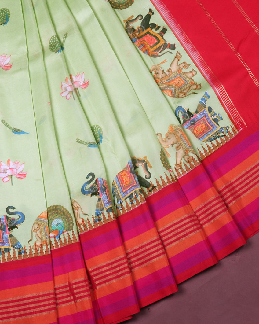 Green Printed Soft Silk Saree T3611814
