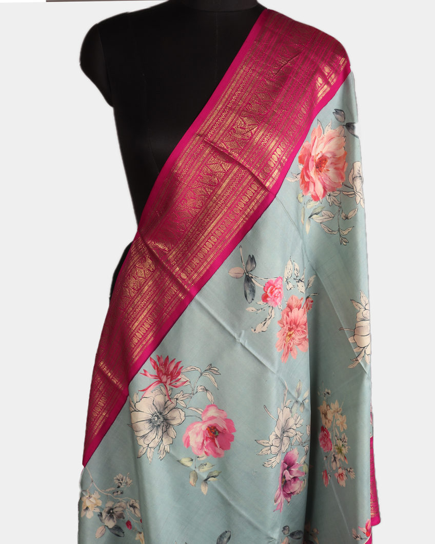 Bluish Grey Printed Kanjivaram Silk Dupatta T2288802