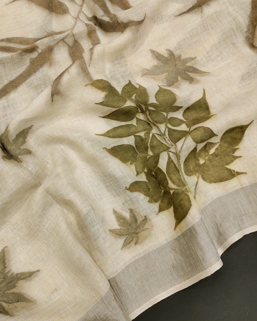 Cream Linen Printed Saree T336752-image