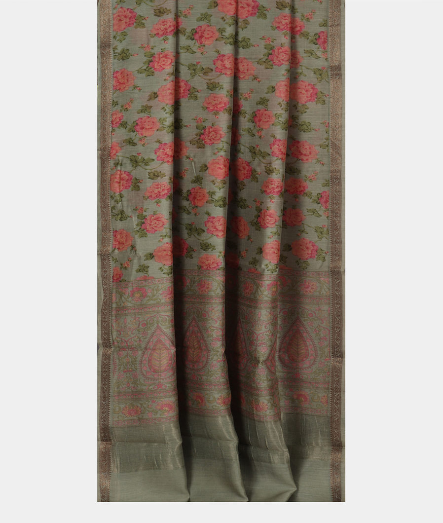 Greenish Grey Tussar Printed Saree T3630382