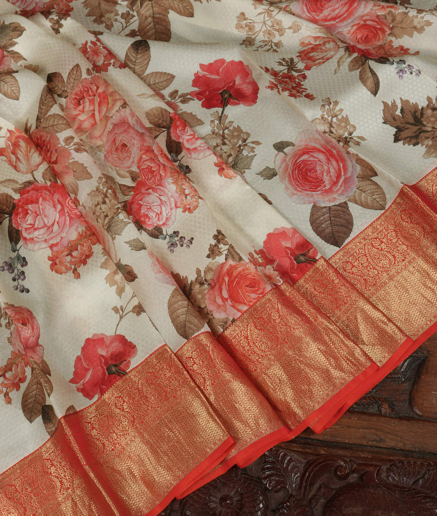 Off-White Printed Soft Silk Saree T354443-image